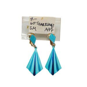 HEDY Signed Blue Enamel Triangle Dangle Drop Earrings Gold Tone VTG